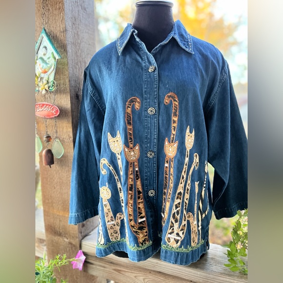 Vintage Catcus Art Print Casual V-neck Denim Loose Shirt